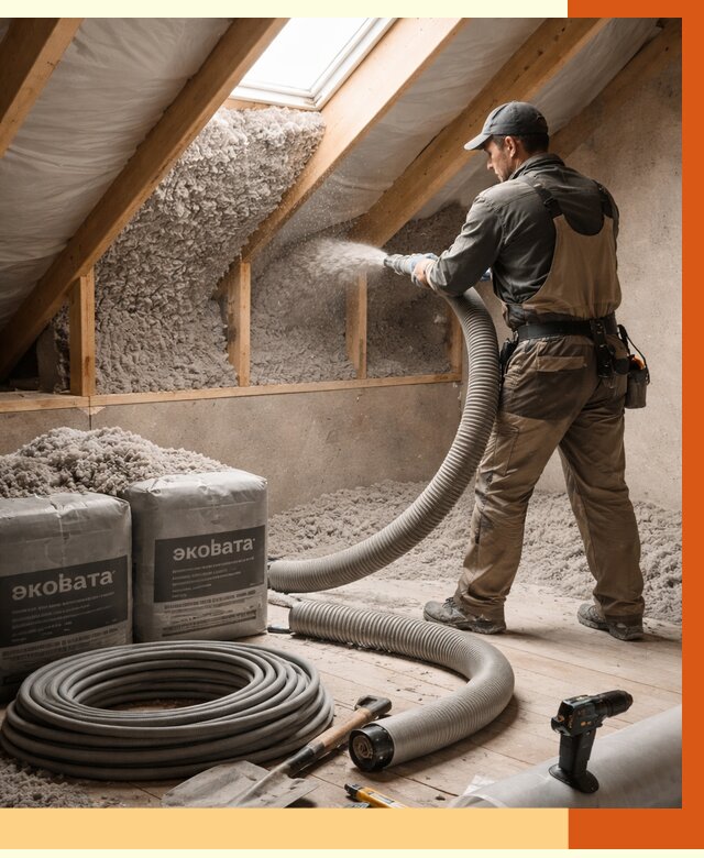 Утепление мансарды эковатой в Верхнем Уфалее от 2251 руб/м2 — монтаж, задувка, цена | ТепломастерВрф