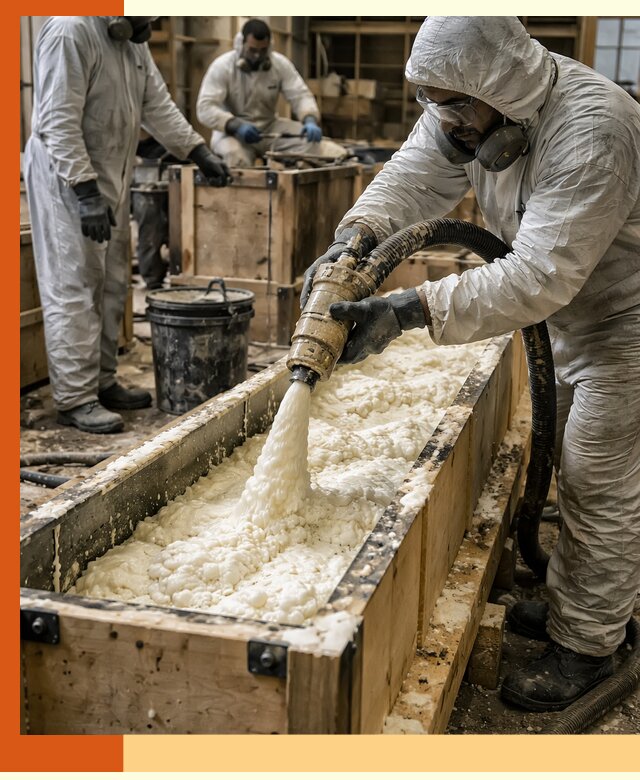 Заливка пенополиуретана в формы для утепления в Верхнем Уфалее